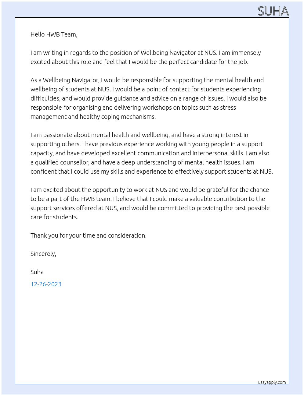 Wellbeing Navigator At NUS Cover Letter