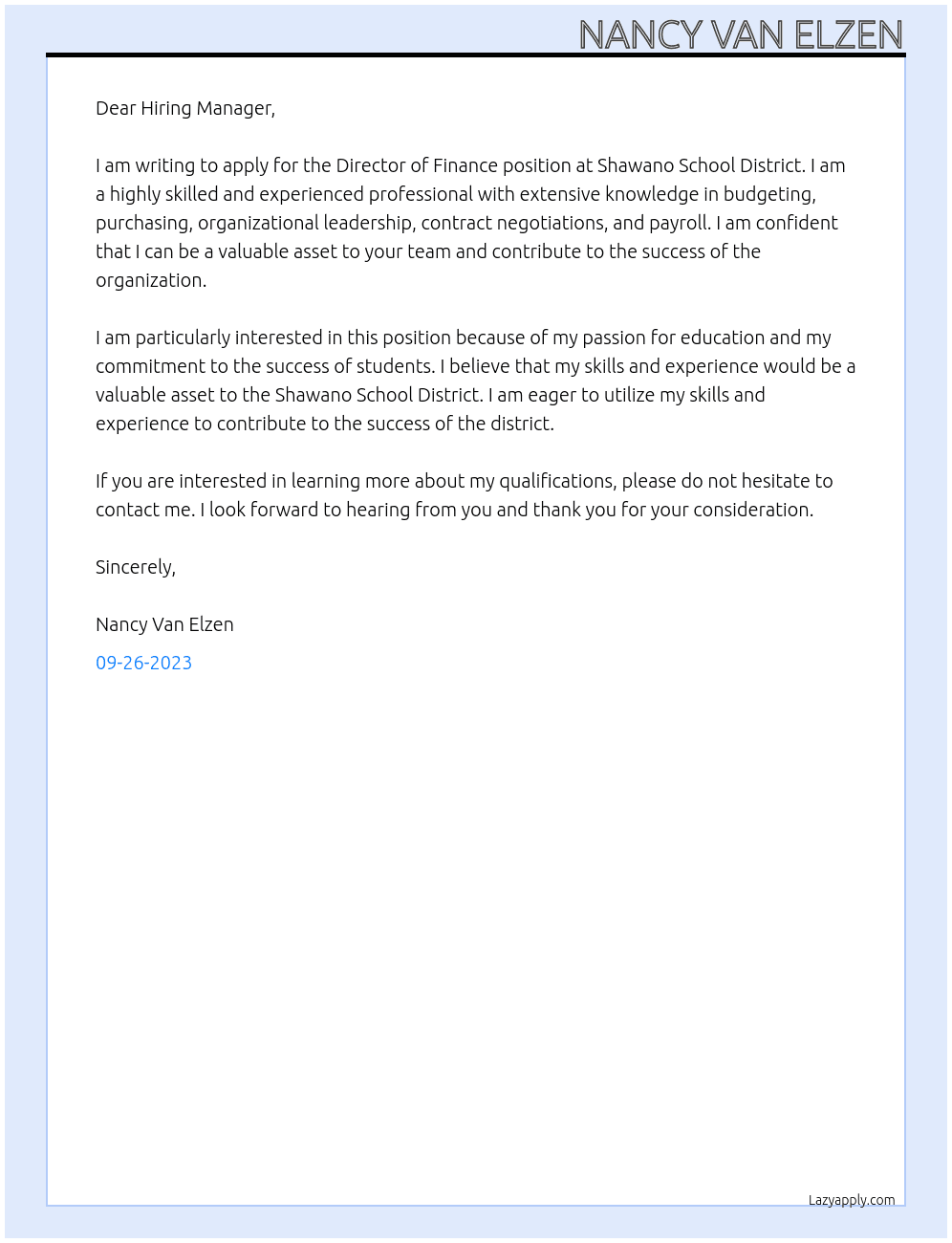 Director of Finance At Shawano School District Cover Letter