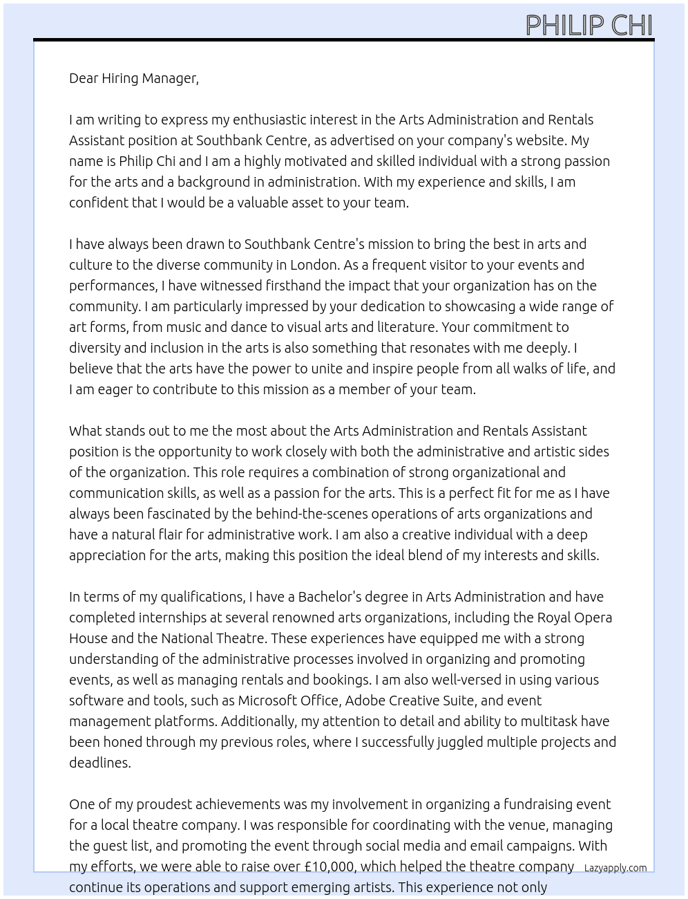 Arts Administration and Rentals Assistant At Southbank Centre Cover Letter