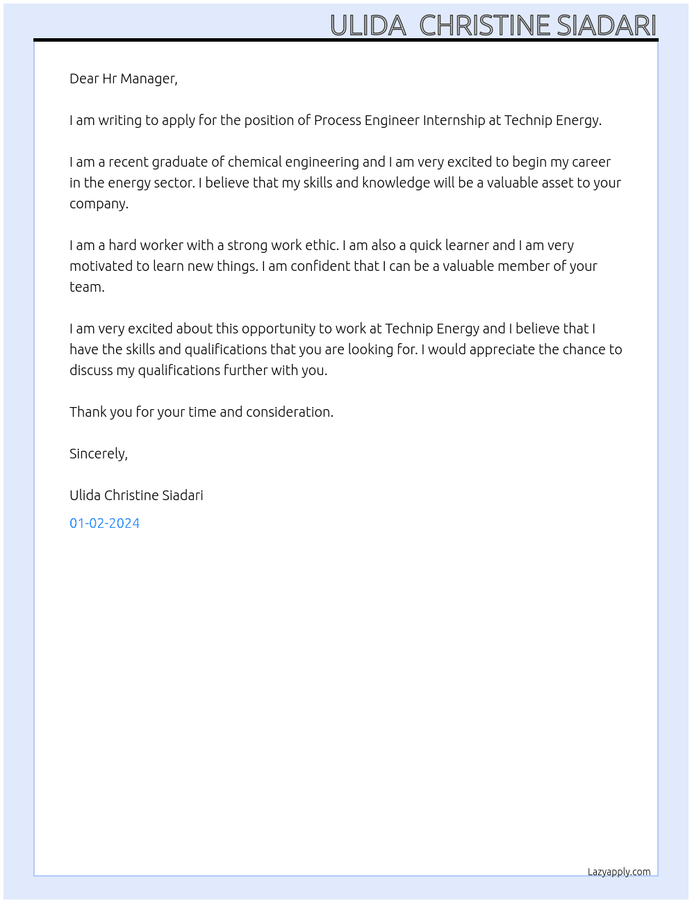 Process Engineer Internship At TECHNIP ENEGRY Cover Letter