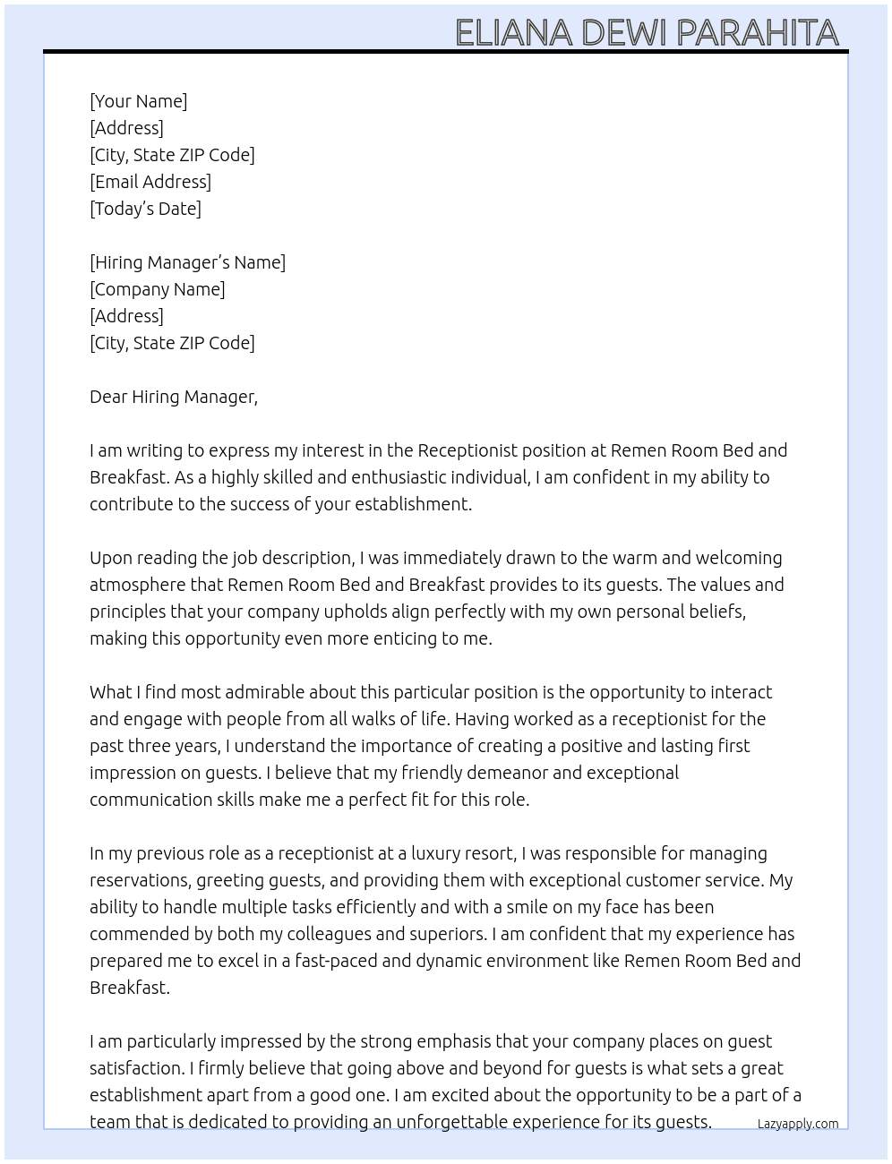 Receptionist  At Remen Room Bed and Breakfast  Cover Letter