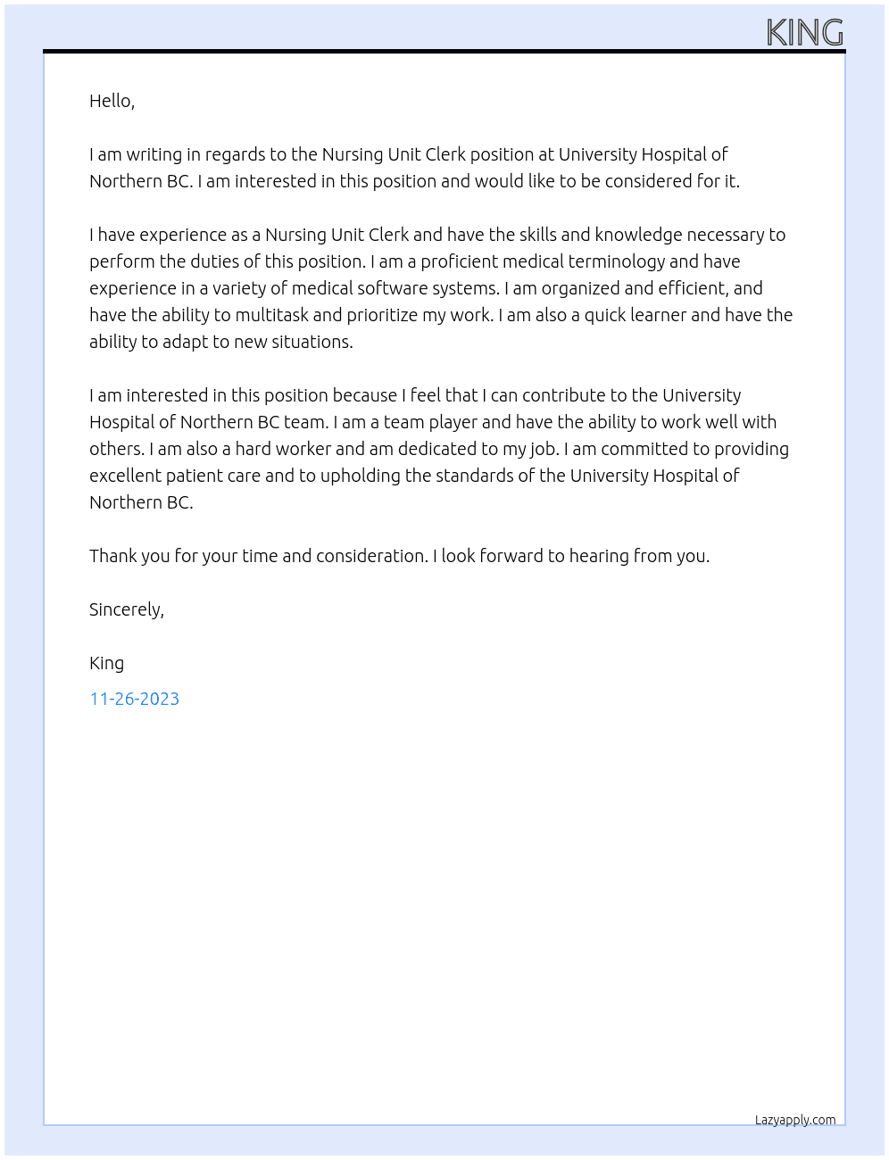 Nursing Unit Clerk At University Hospital of Northern BC  Cover Letter