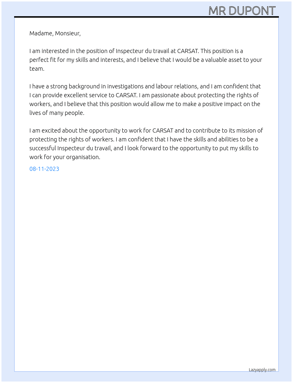 Inspecteur du travail  At CARSAT Cover Letter