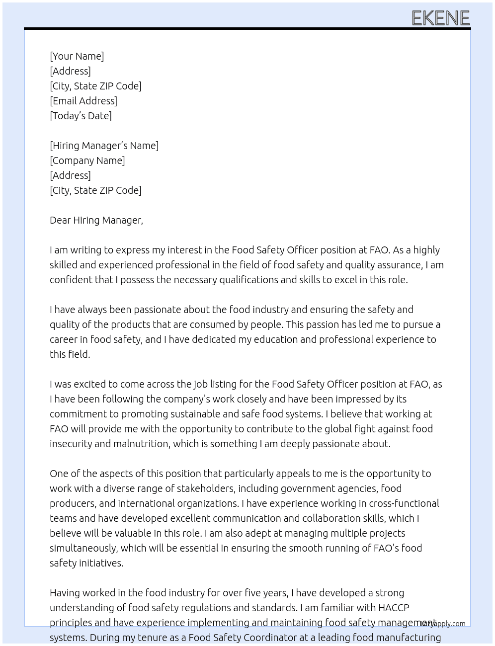food safety officer At FAO Cover Letter