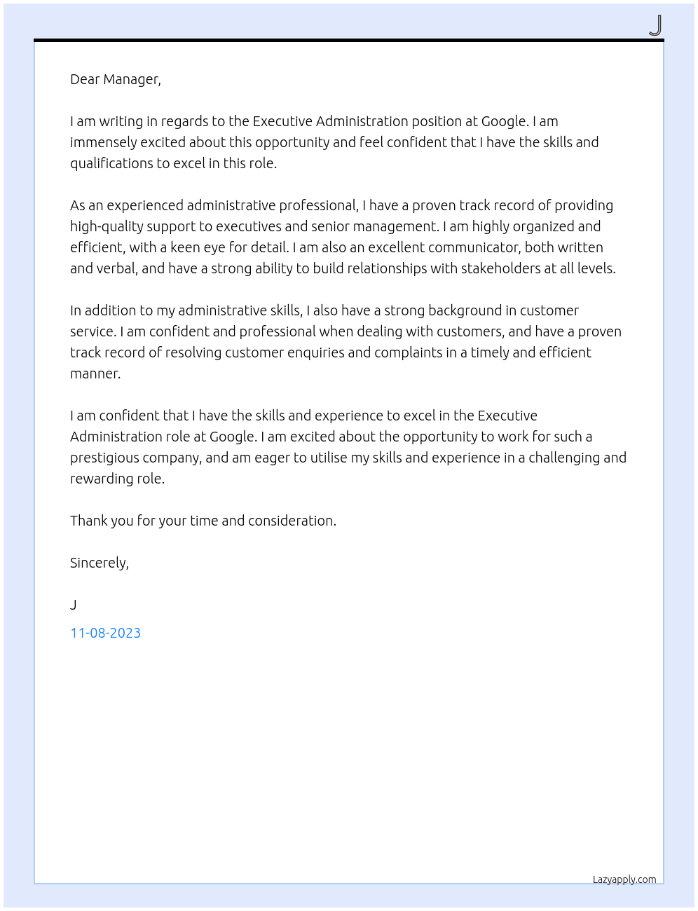 Executive Administration  At Google  Cover Letter