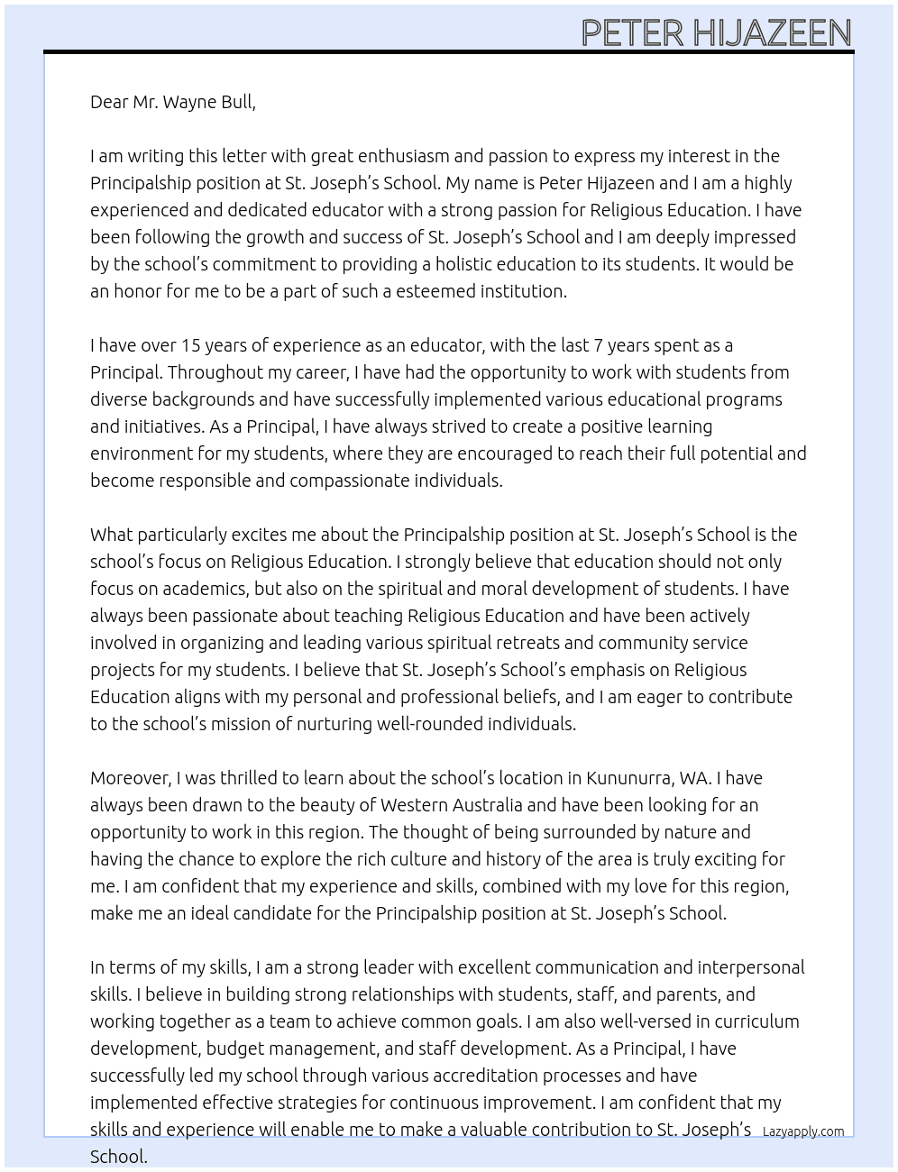 Principalship   At St Joseph’s School  Cover Letter