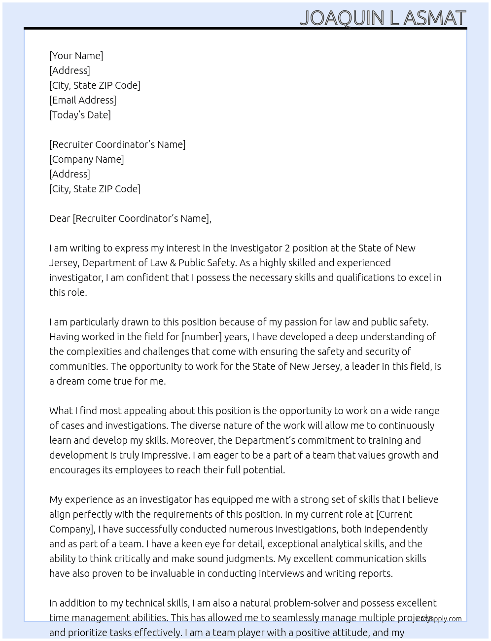 Investigator 2, Law & Public Safety   At State of New Jersey, Department of Law & Public Safety Cover Letter