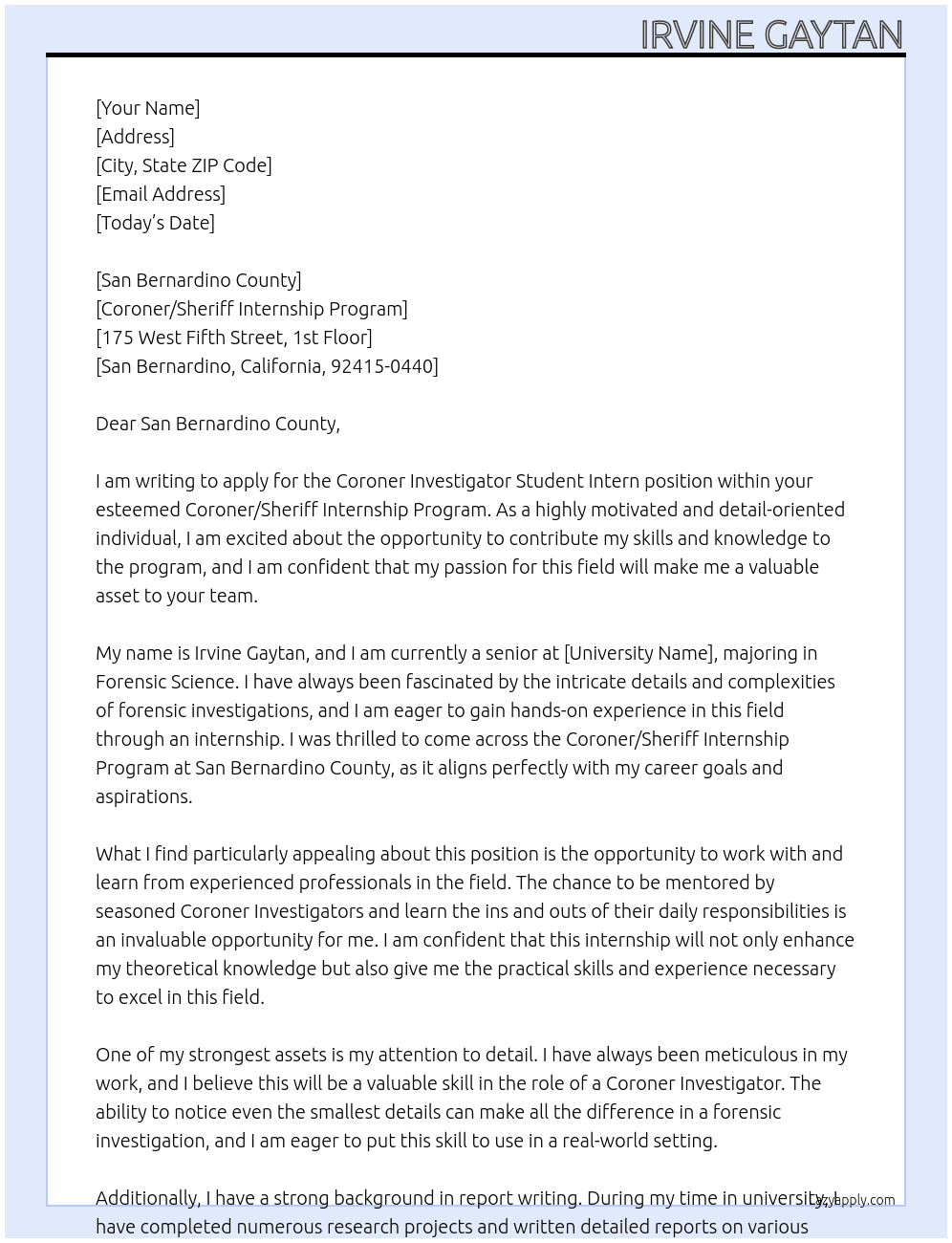 Coroner Investigator Student Intern  At Coroner/Sheriff Internship Program  Cover Letter