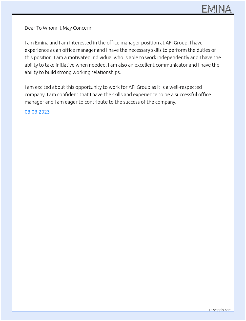 office manager At AFI Group Cover Letter