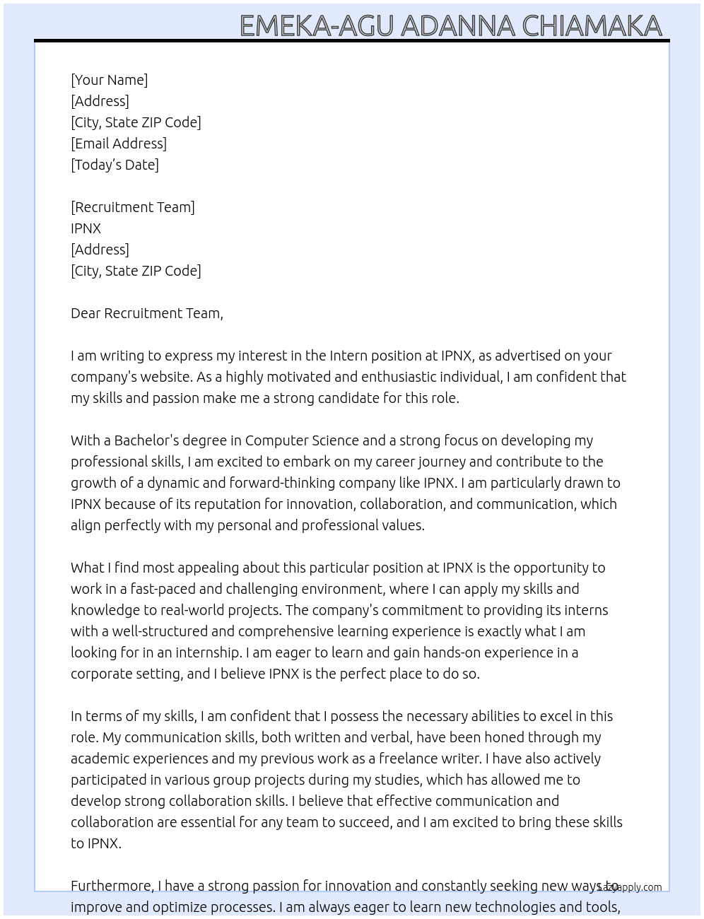Intern At IPNX Cover Letter