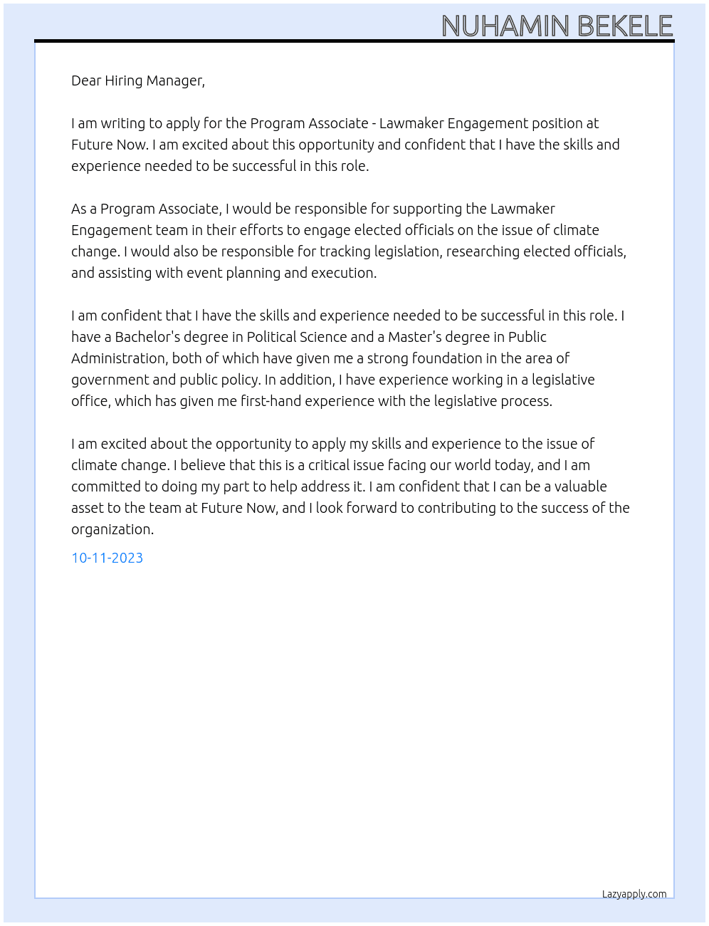 Program Associate, Lawmaker Engagement At Future Now Cover Letter