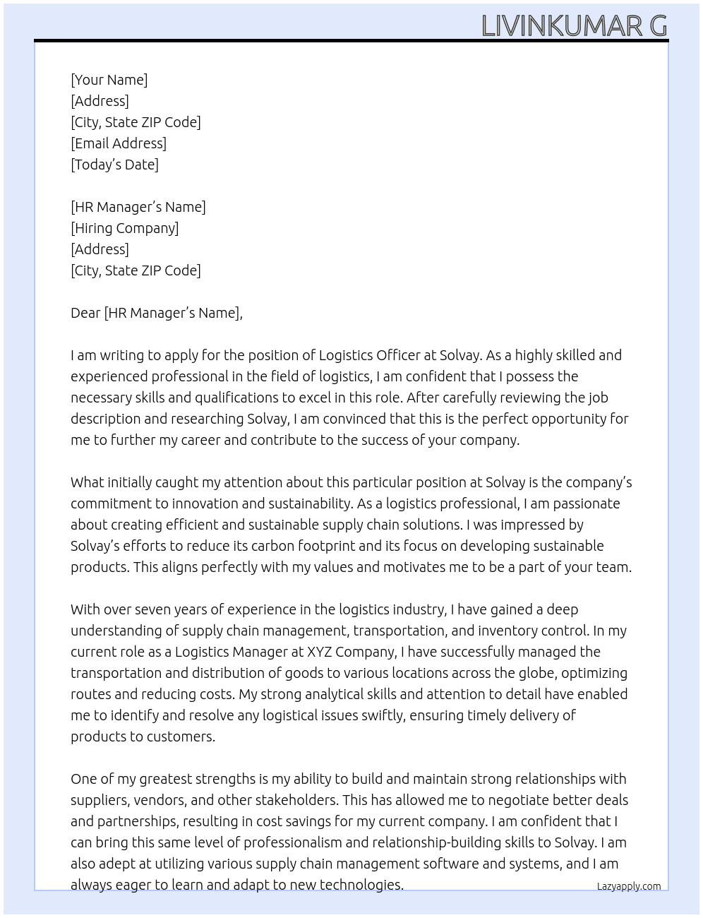 Logistics Officer  At Solvay Cover Letter