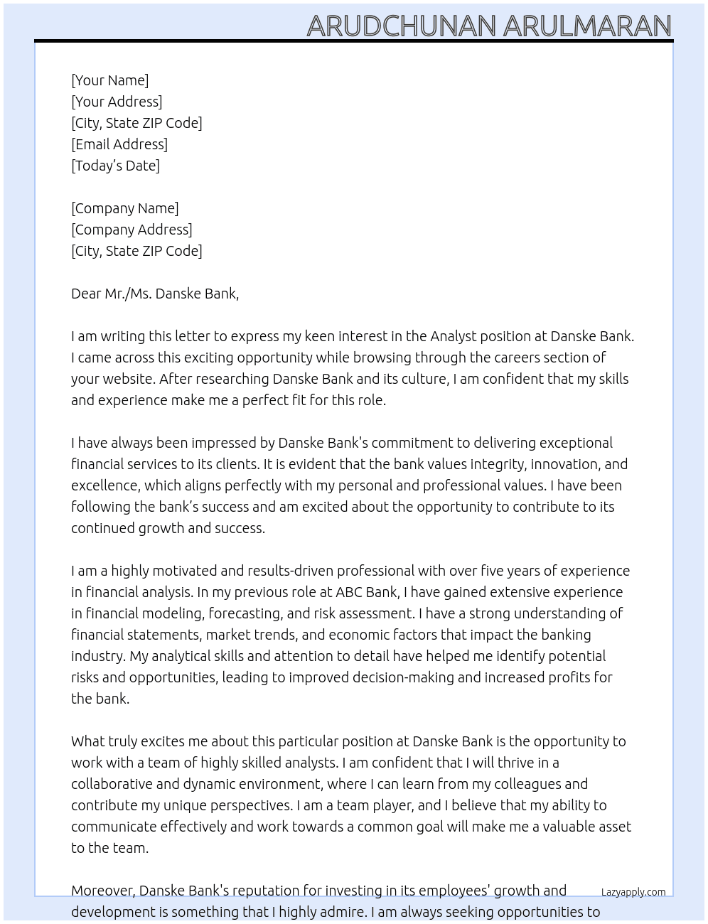 Analyst At Danske Bank Cover Letter