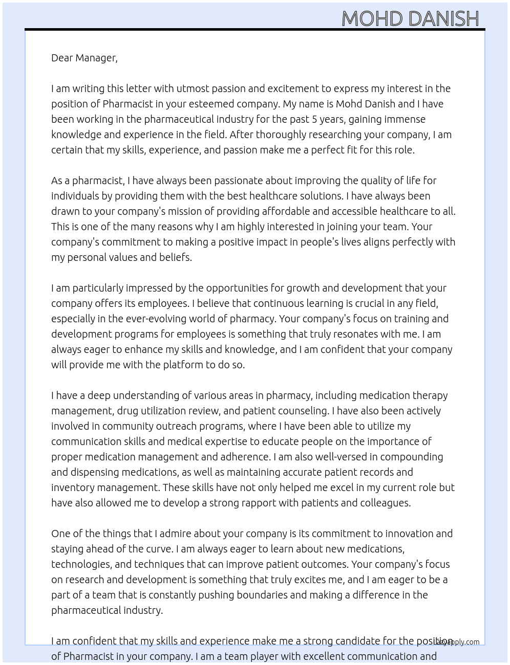 Pharmacist  At For any company  Cover Letter