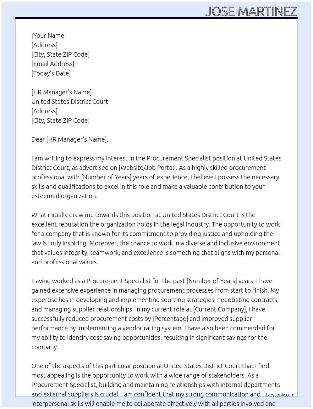 Procurement Specialist At United States District Court Cover Letter