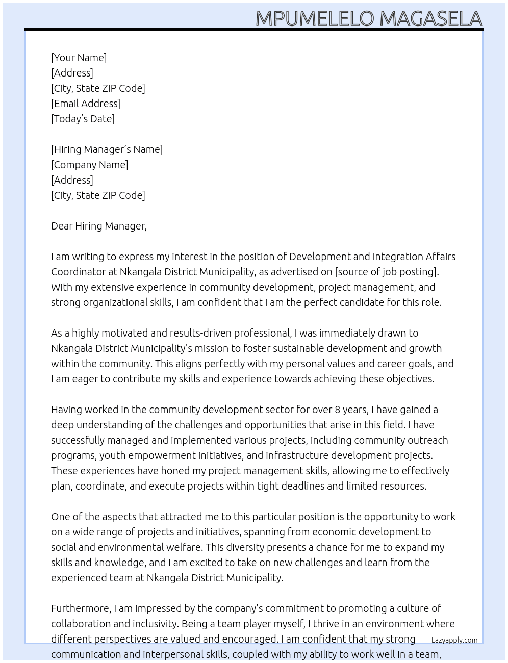 Development and Integration Affairs Coordinator At Nkangala District Municipality Cover Letter