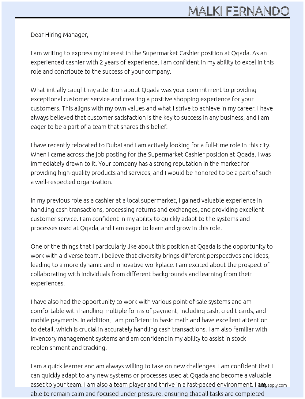 supermarket cashier At Qqada Cover Letter