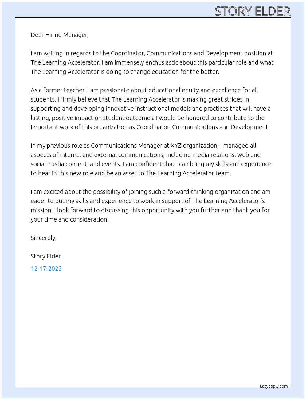 Coordinator, Communications and Development  At The Learning Accelerator  Cover Letter