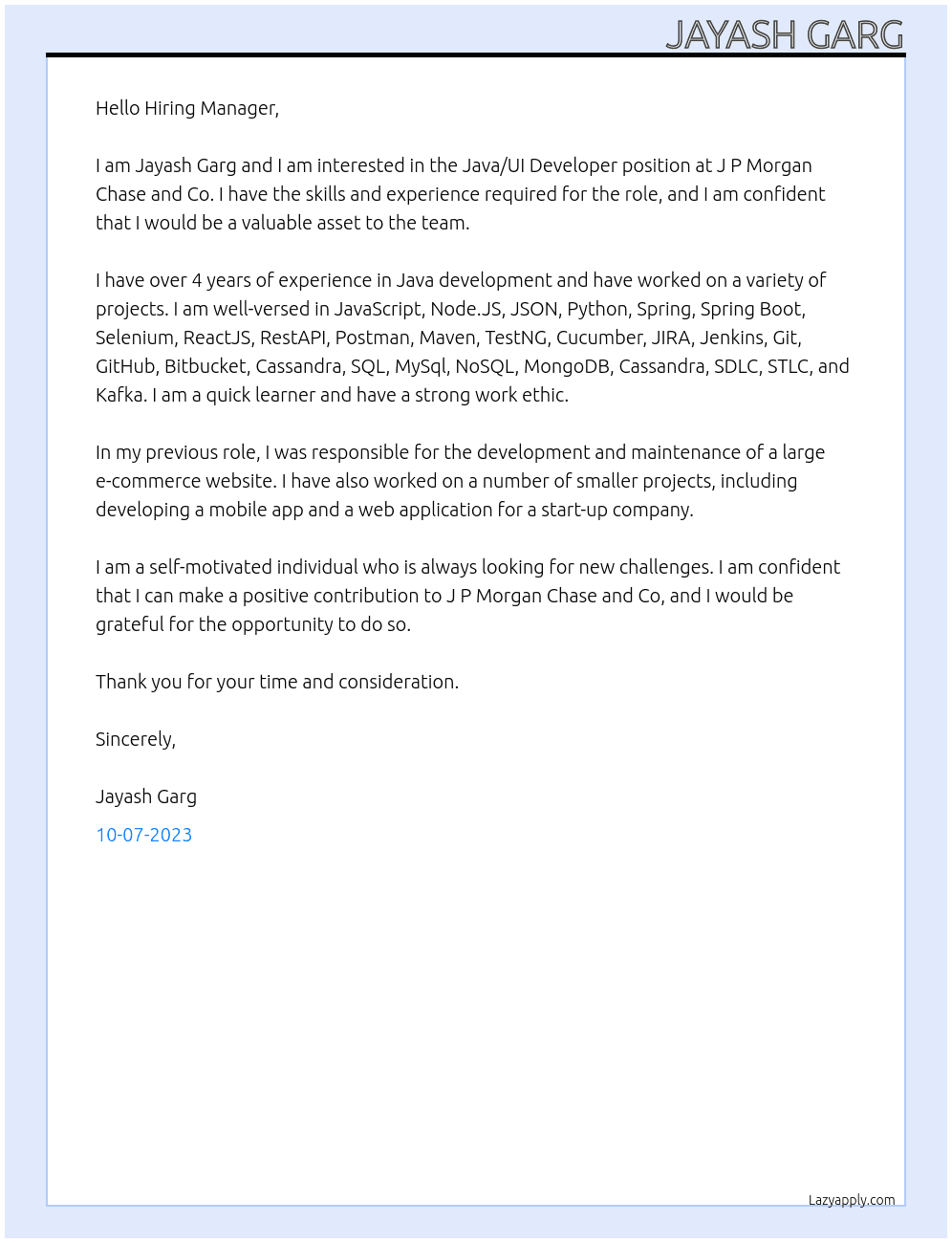 Java/UI Develope At J P Morgan Chase and Co Cover Letter