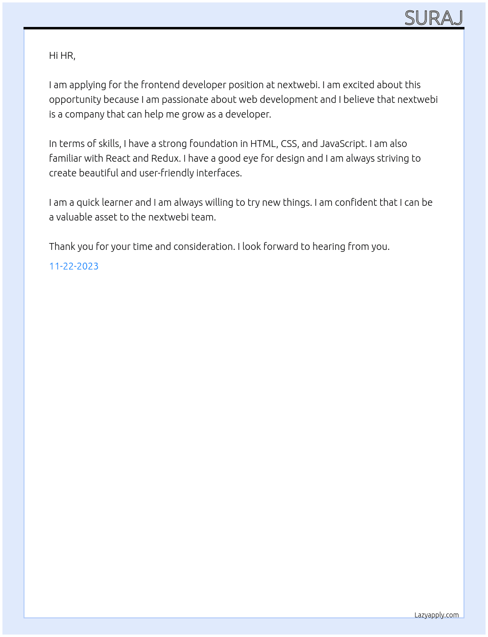 frontend developer At nextwebi Cover Letter
