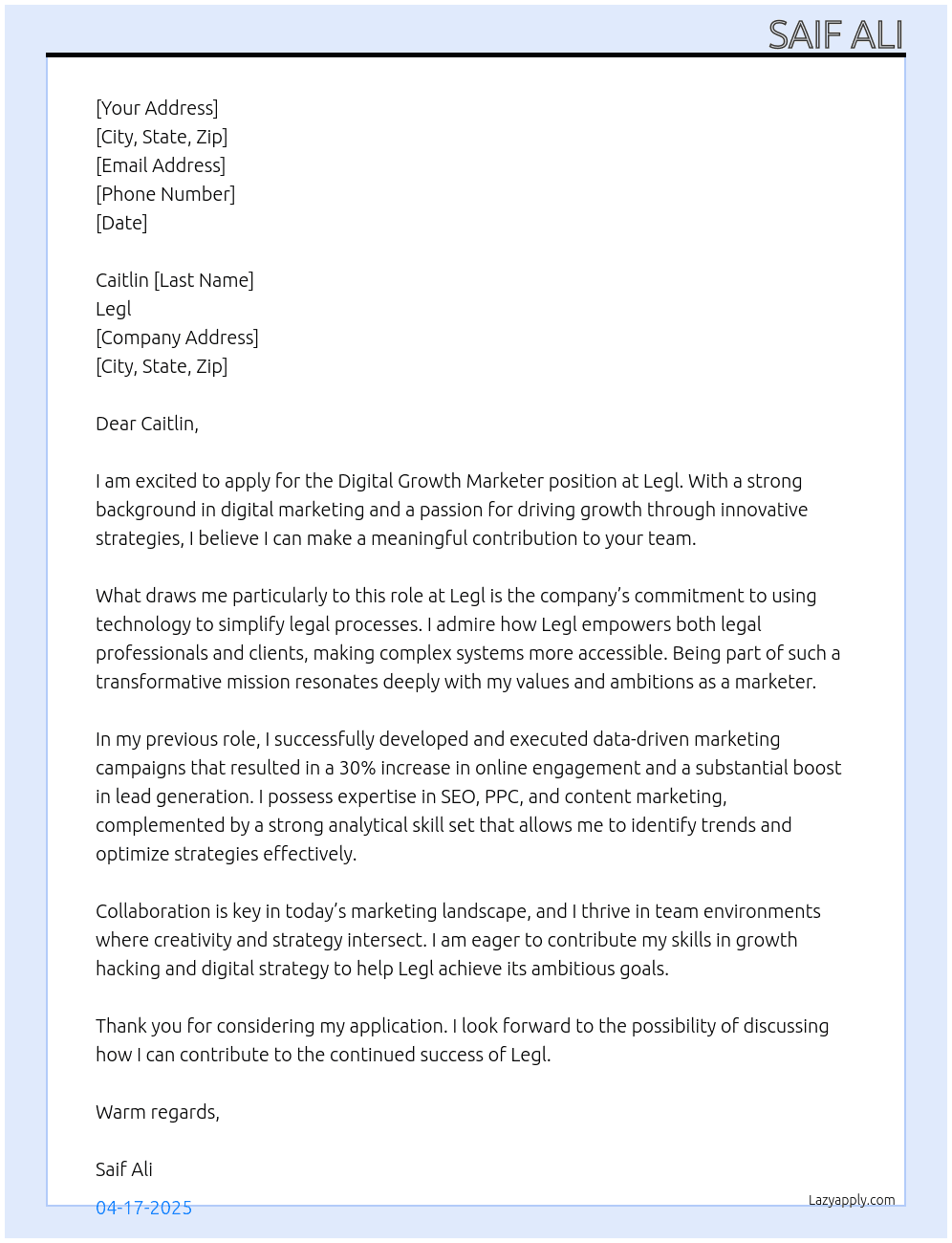 Digital Growth Marketer At Legl Cover Letter