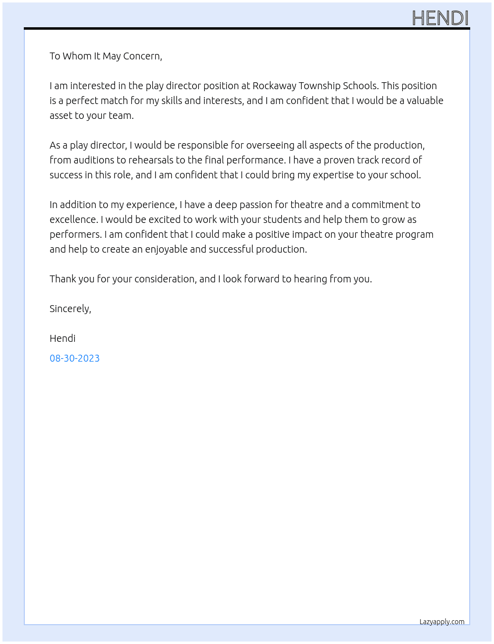 play director At Rockaway Township Schools Cover Letter