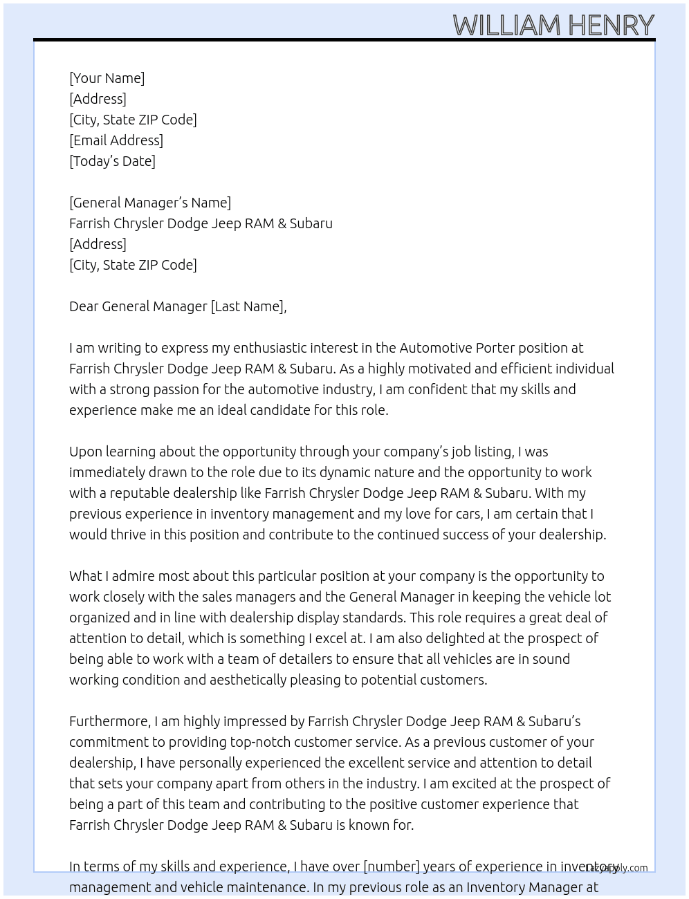 Automotive Porter (Inventory Manager/Head Porter) At Farrish Chrysler Dodge Jeep RAM & Subaru Cover Letter