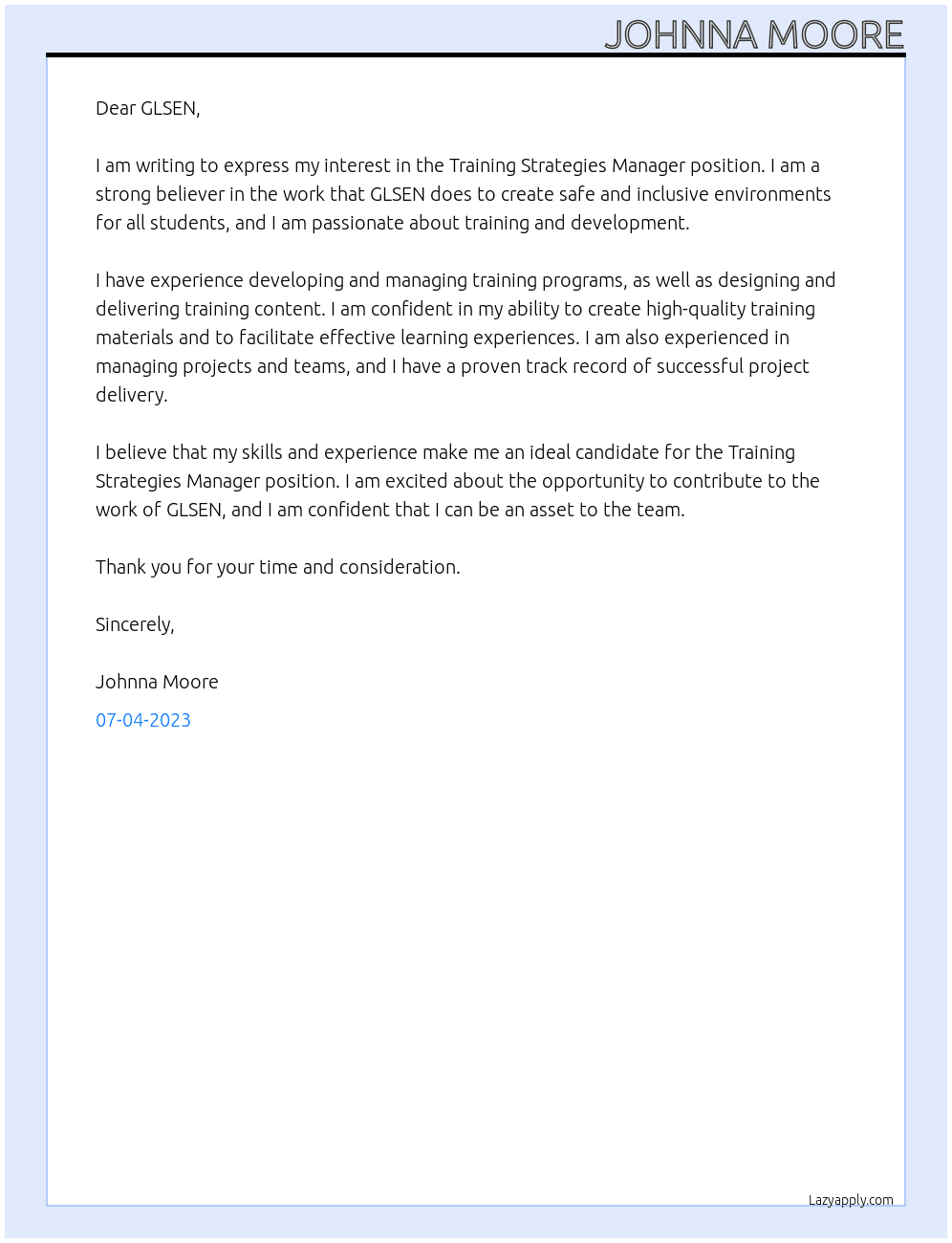 Training Strategies Manager At GLSEN Cover Letter