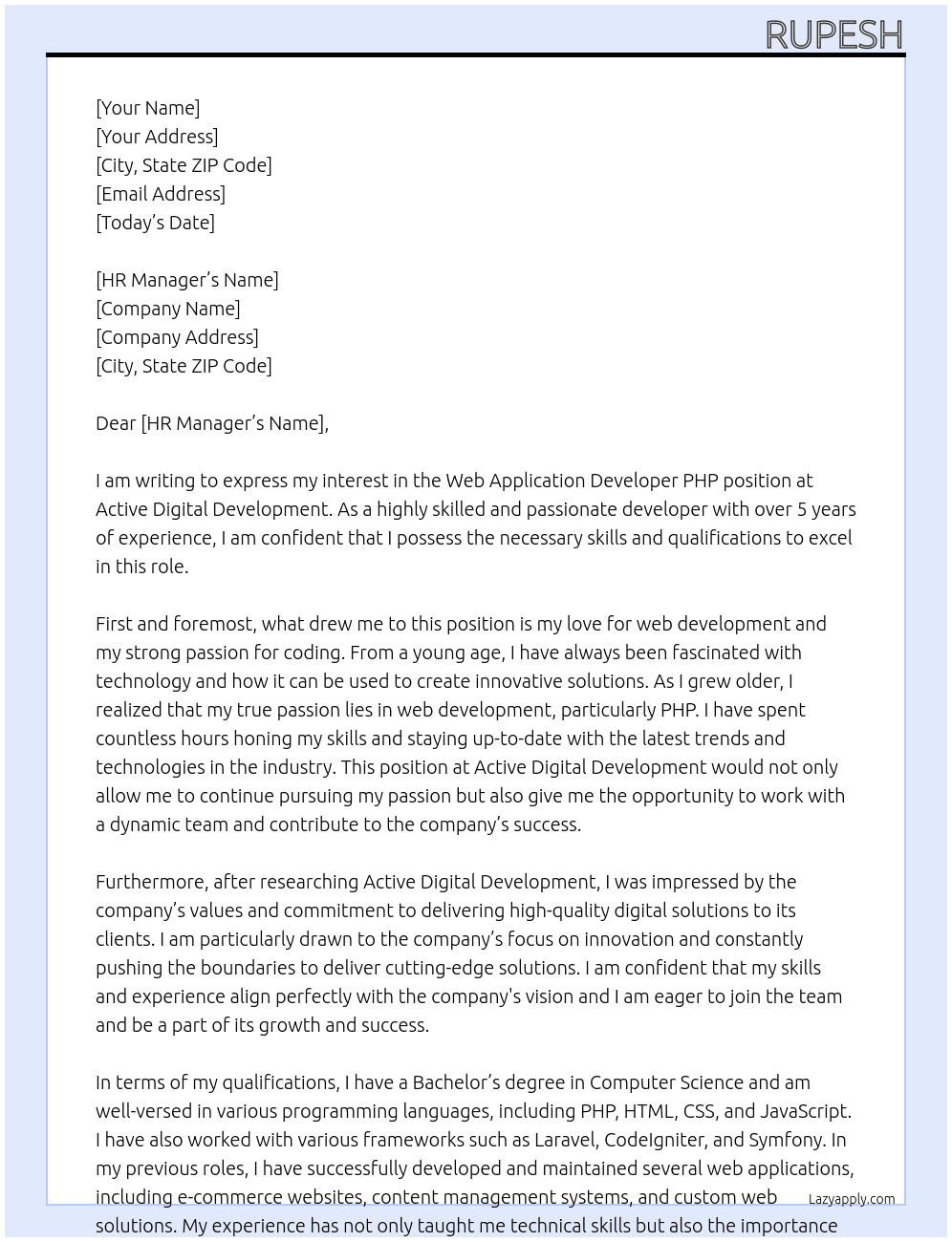 Cover letter for web application developer php - LazyApply