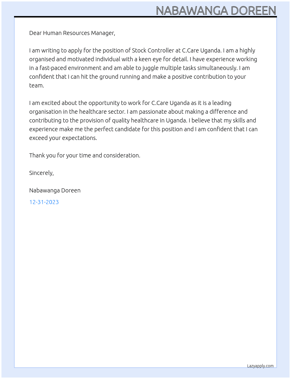 Stock controller  At C.Care Uganda  Cover Letter