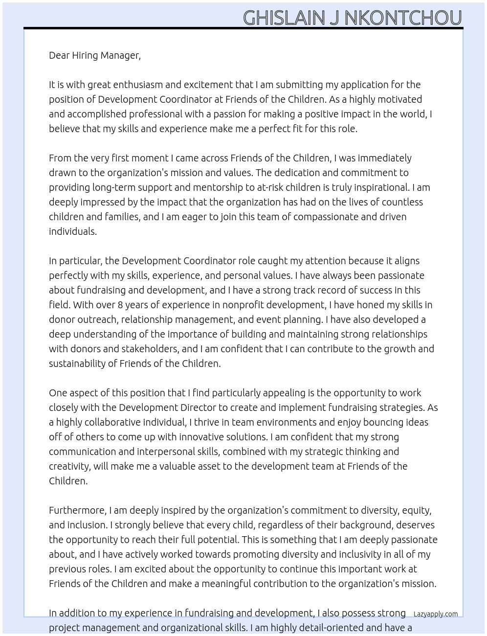Development Coordinator At Friends of the Children Cover Letter