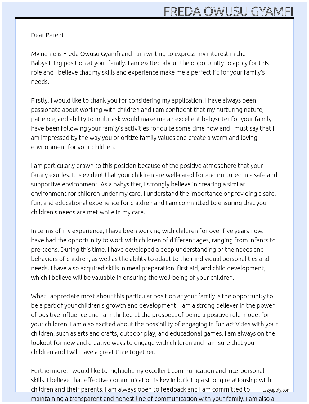 Babysitting At Family Cover Letter