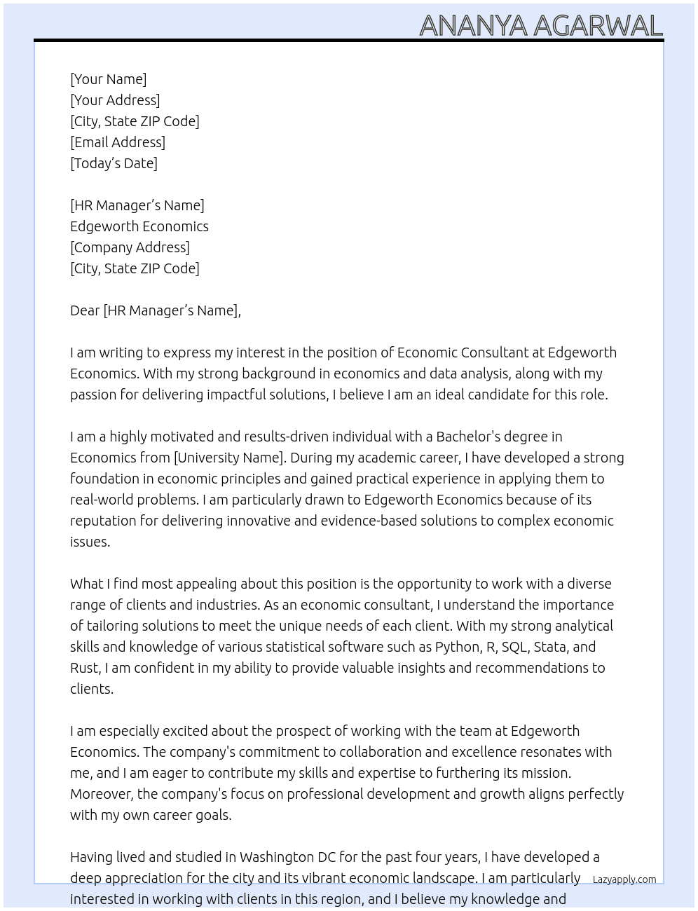 Economic Consultant  At Edgeworth Economics  Cover Letter