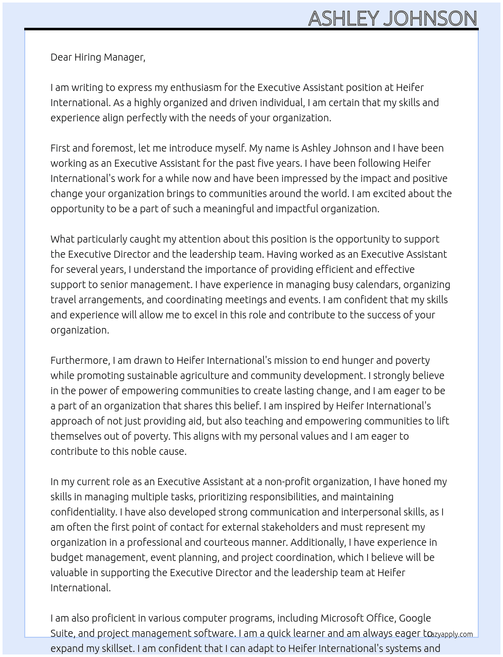 Executive Assistant At Heifer International Cover Letter