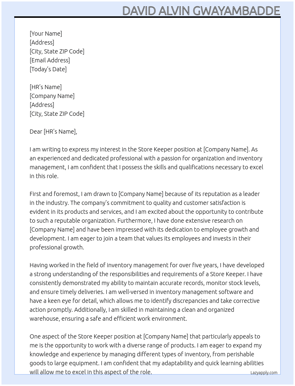 STORE KEEPER At STORE KEEPER Cover Letter