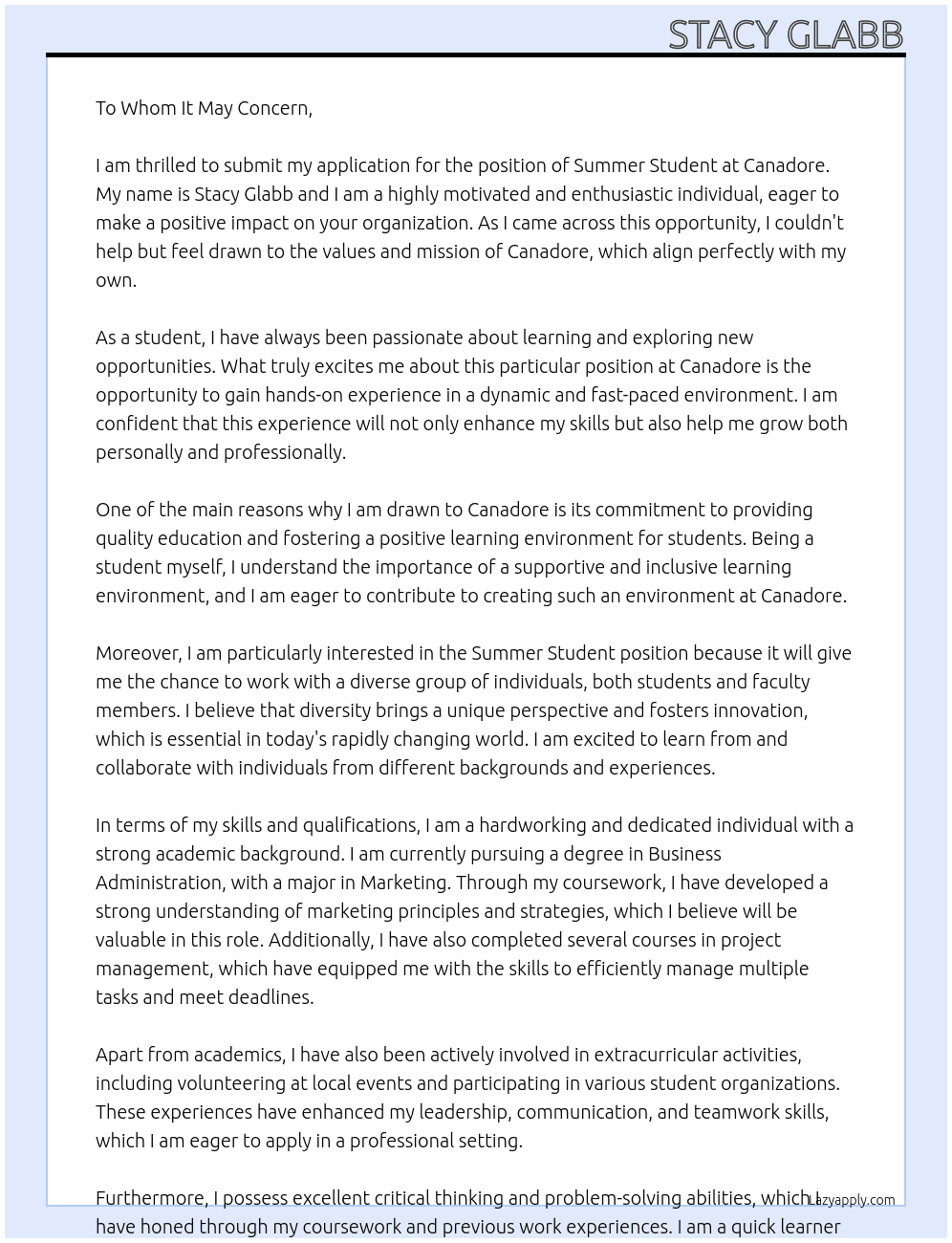 Summer Student At Canadore Cover Letter