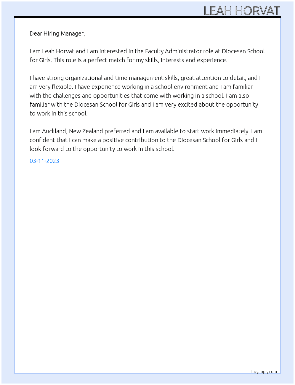 Faculty Administrator At Diocesan School for Girls Cover Letter