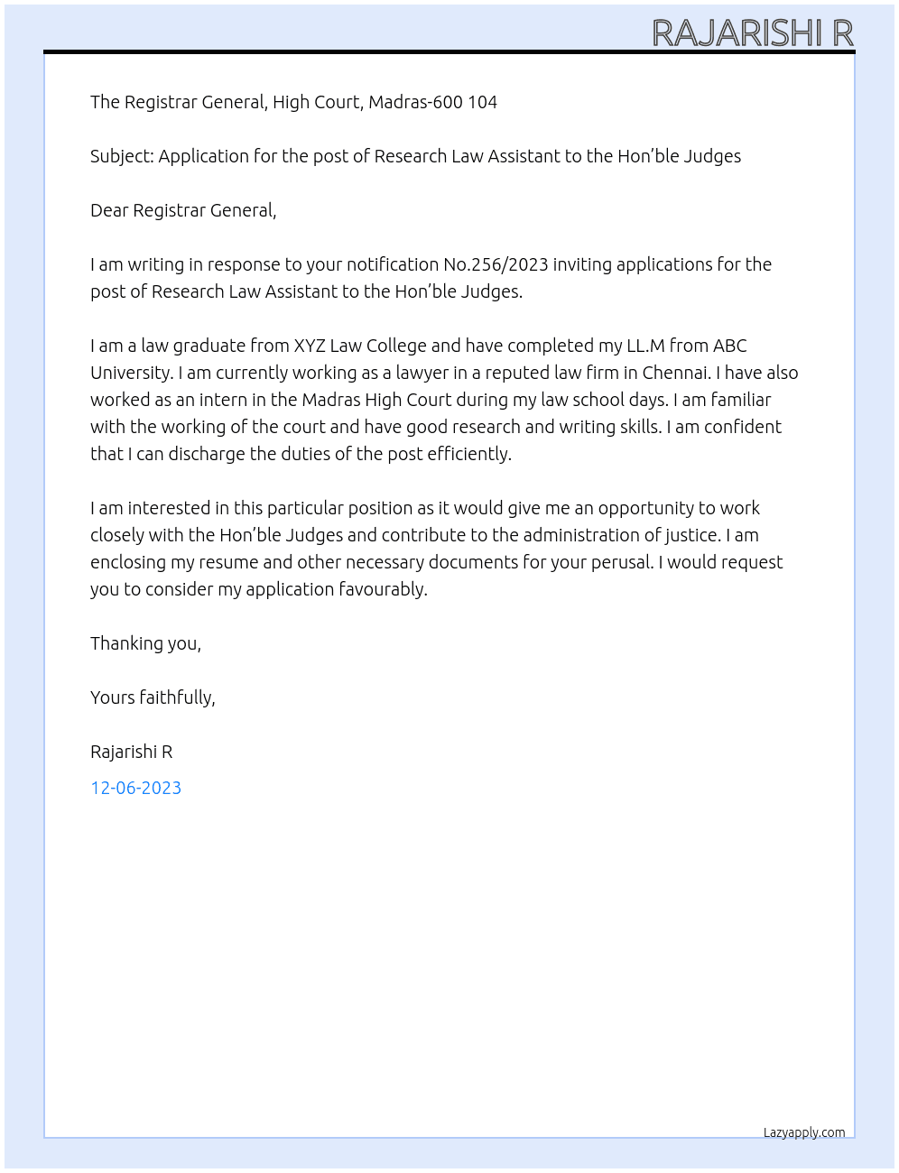 Application for the post of Research Law Assistant to the Hon’ble Judges At HIGH COURT, MADRAS Notification No.256/2023 Cover Letter