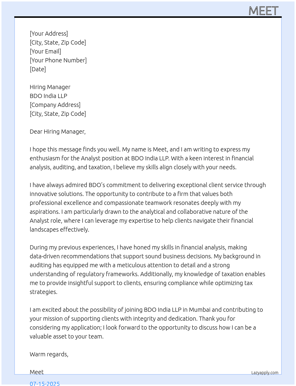 Analyst At BDO India LLP Cover Letter