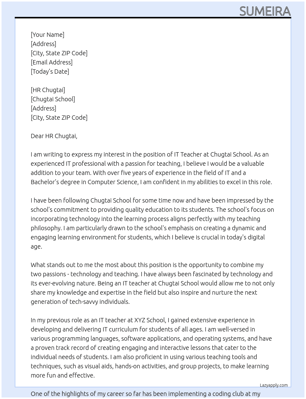 it teachers At chugtai school Cover Letter