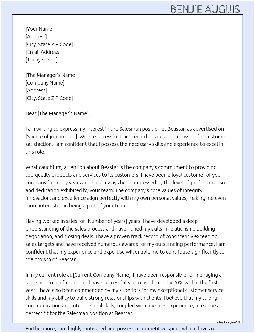 Salesman  At Beastar  Cover Letter