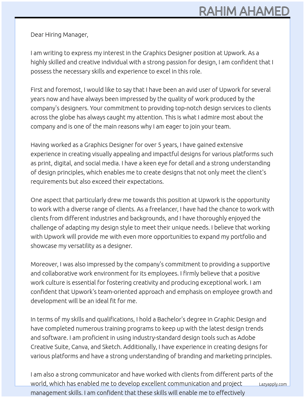 Graphics Designer At upwork Cover Letter