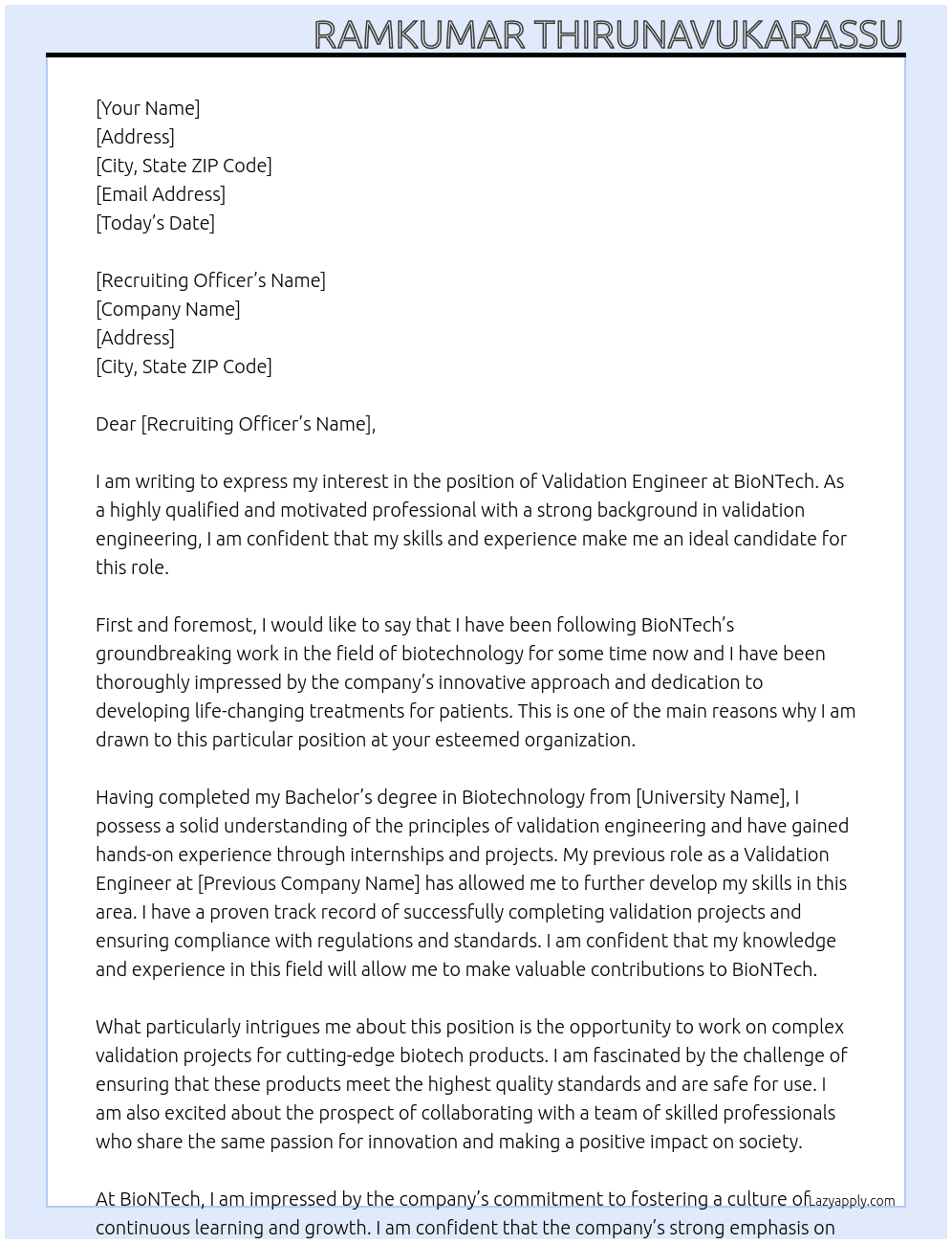 Validation Engineer At BioNTech Cover Letter