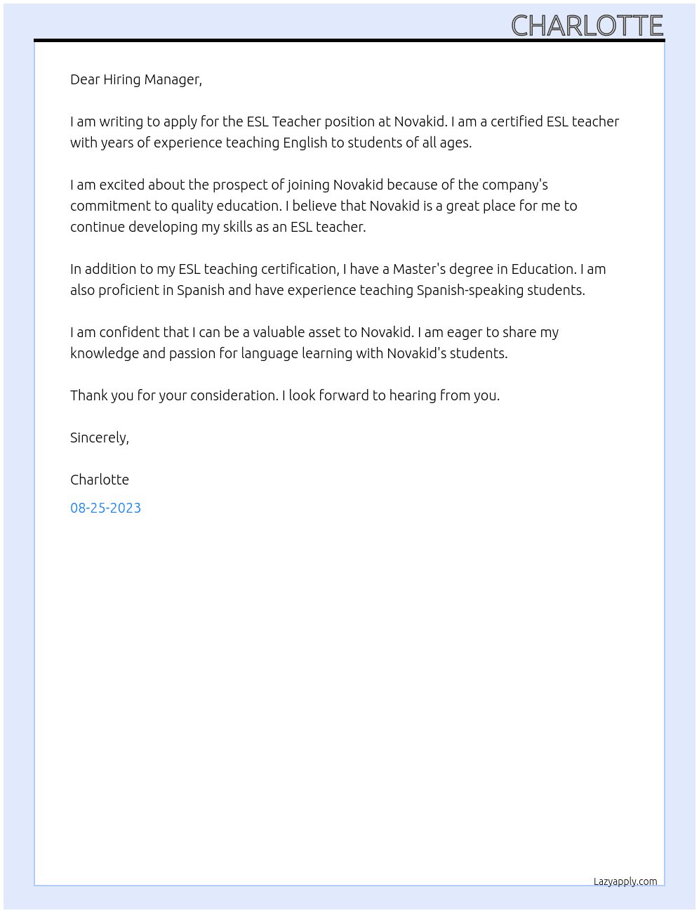 ESL Teacher At Novakid Cover Letter