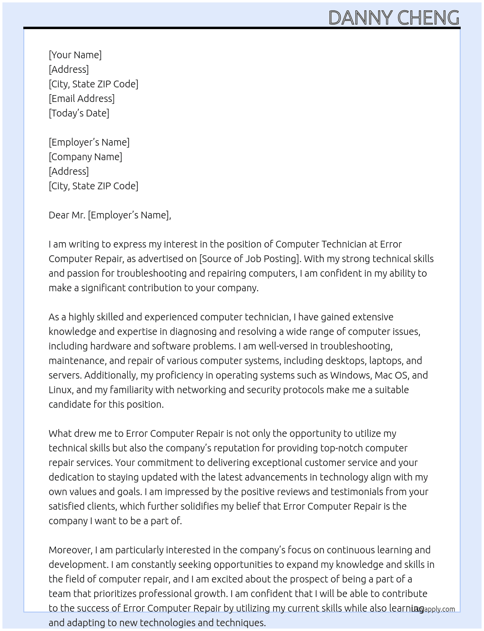 Computer Technician  At Error Computer Repair Cover Letter