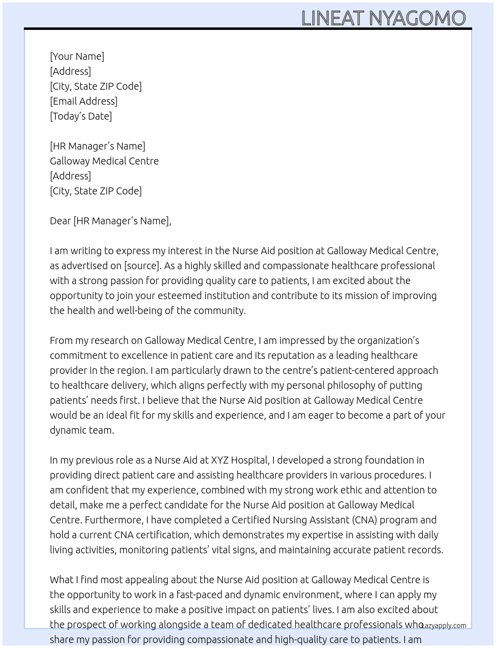 Nurse Aid  At Galloway Medical Centre Cover Letter