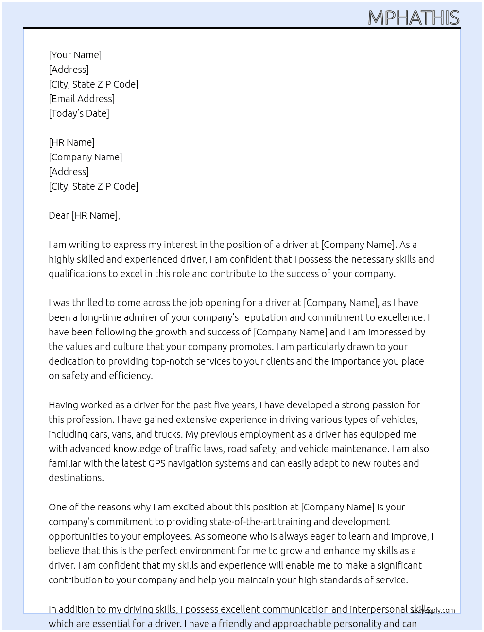 driver At NONAME Cover Letter