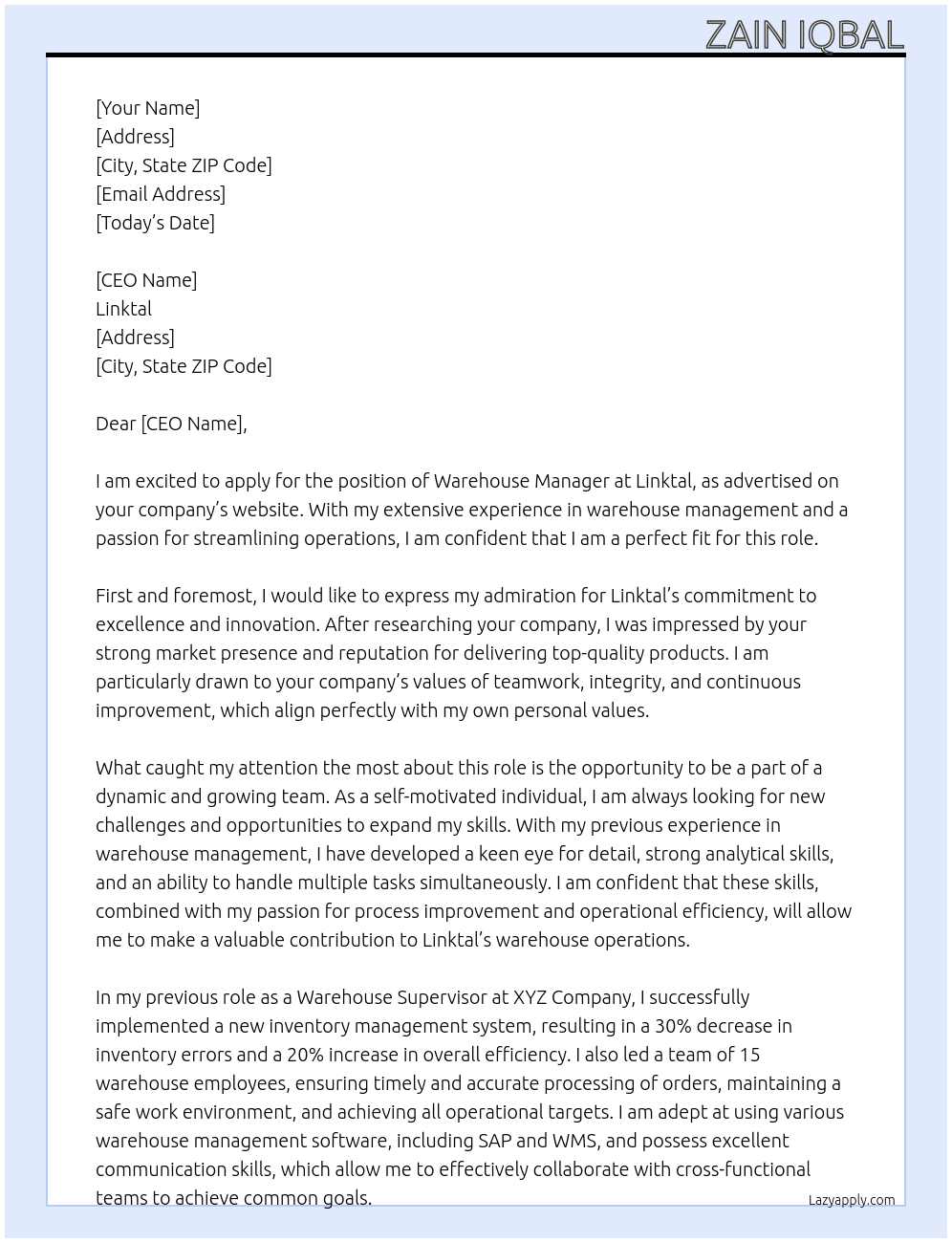 ware house At Linktal Cover Letter
