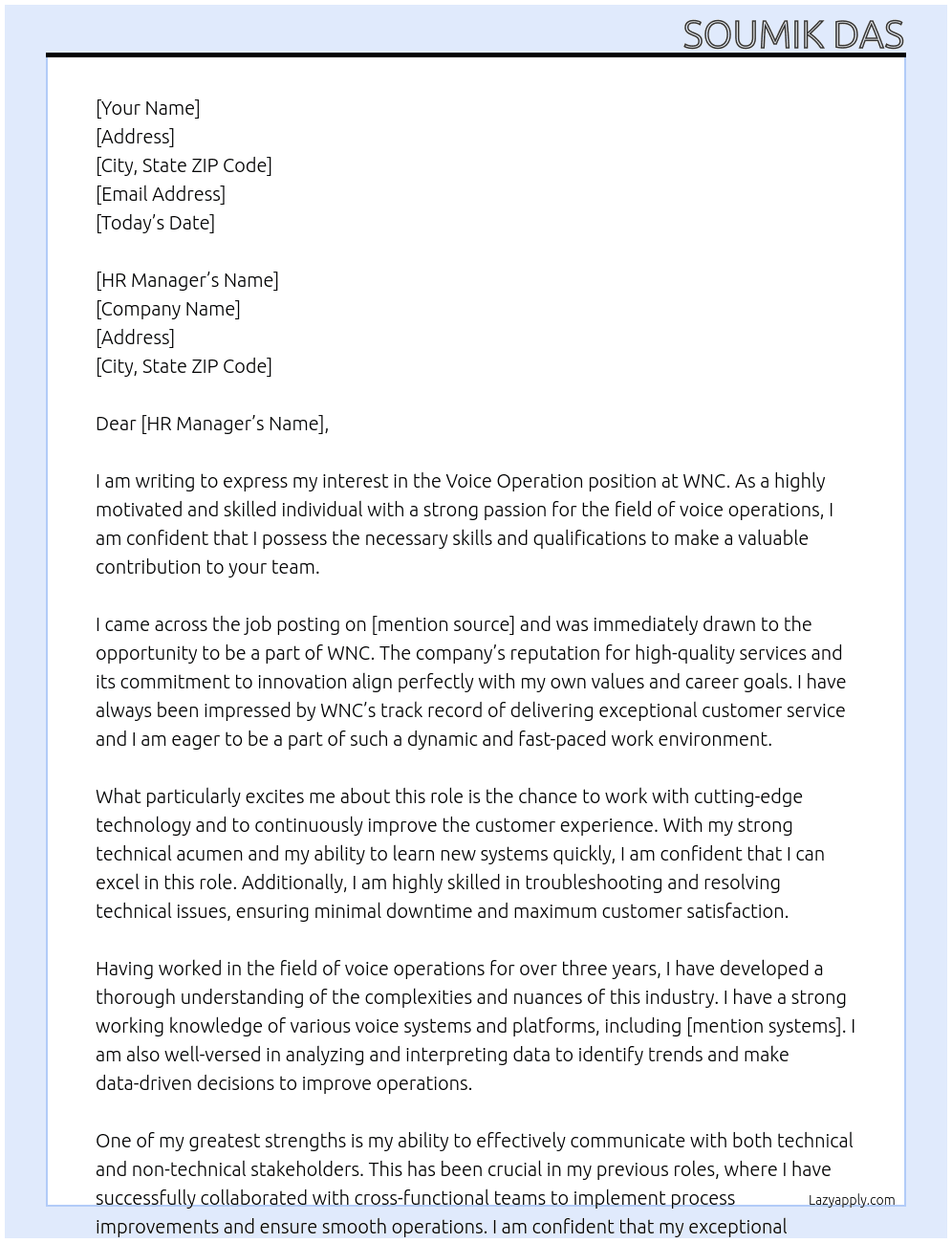 Voice Operation  At WNC Cover Letter