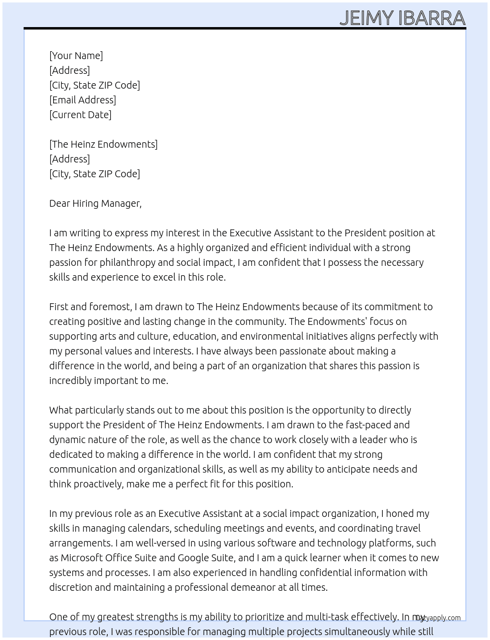 Executive Assistant to the President At The Heinz Endowments Cover Letter